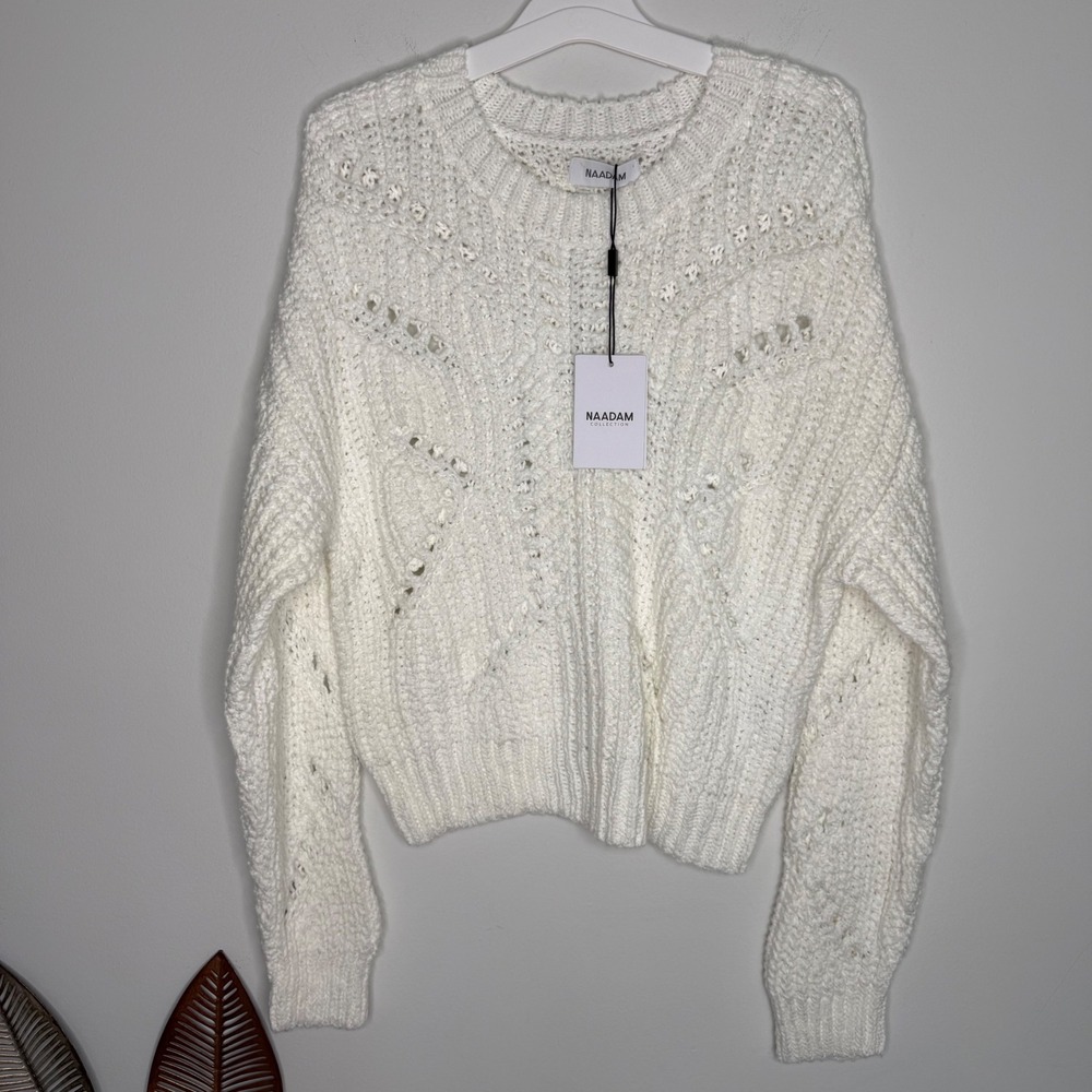 C17 Naadam Luxe Chunky Cotton Novelty Pointelle Crew Sweater White Small NWT - Picture 5 of 9